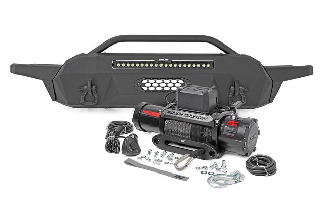 Rough Country Front Bumper | Hybrid | 20" Blk LED | 12000-Lb Winch Syn | Toyota Tacoma (16-23)