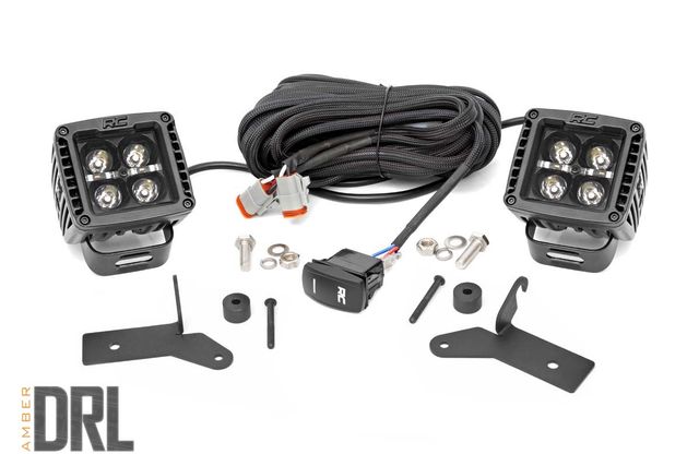 Rough Country LED Light Kit | Hinge Mount | 2" Black Pair | Amber DRL | Jeep Gladiator JT/Wrangler JL (18-26)
