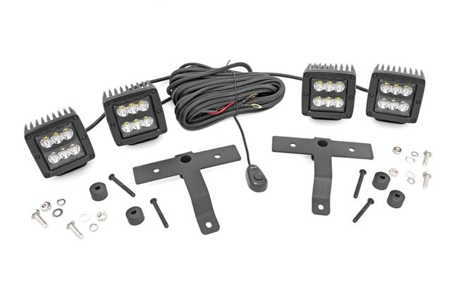 Rough Country Quad LED Light Kit | Cowl Mount | 2" Black Pairs | Spot | Jeep Gladiator JT/Wrangler JL (18-26)