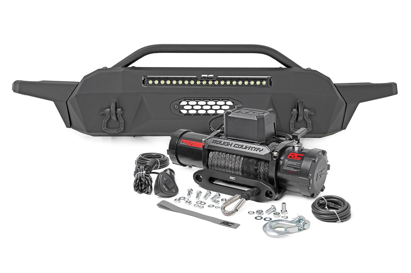Rough Country Front Bumper | Hybrid | 20" Blk LED | 12000-Lb Winch Syn | Toyota Tacoma (16-23)