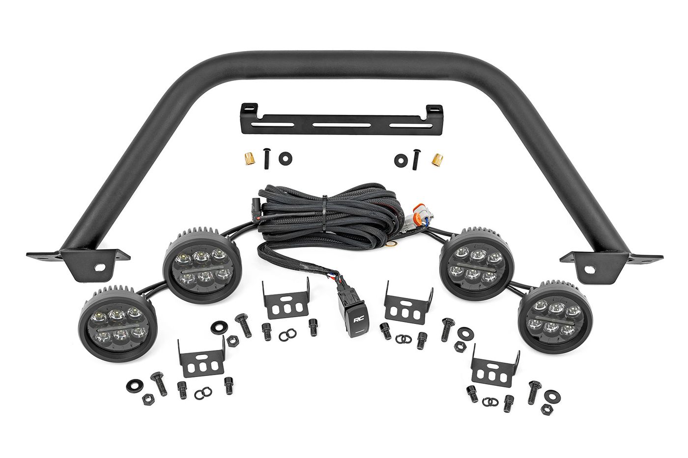 Rough Country Safari Bar | 3.5" Round LED (Quad) | Black | Amber DRL | OE Modular Steel | Ford Bronco (21-26)