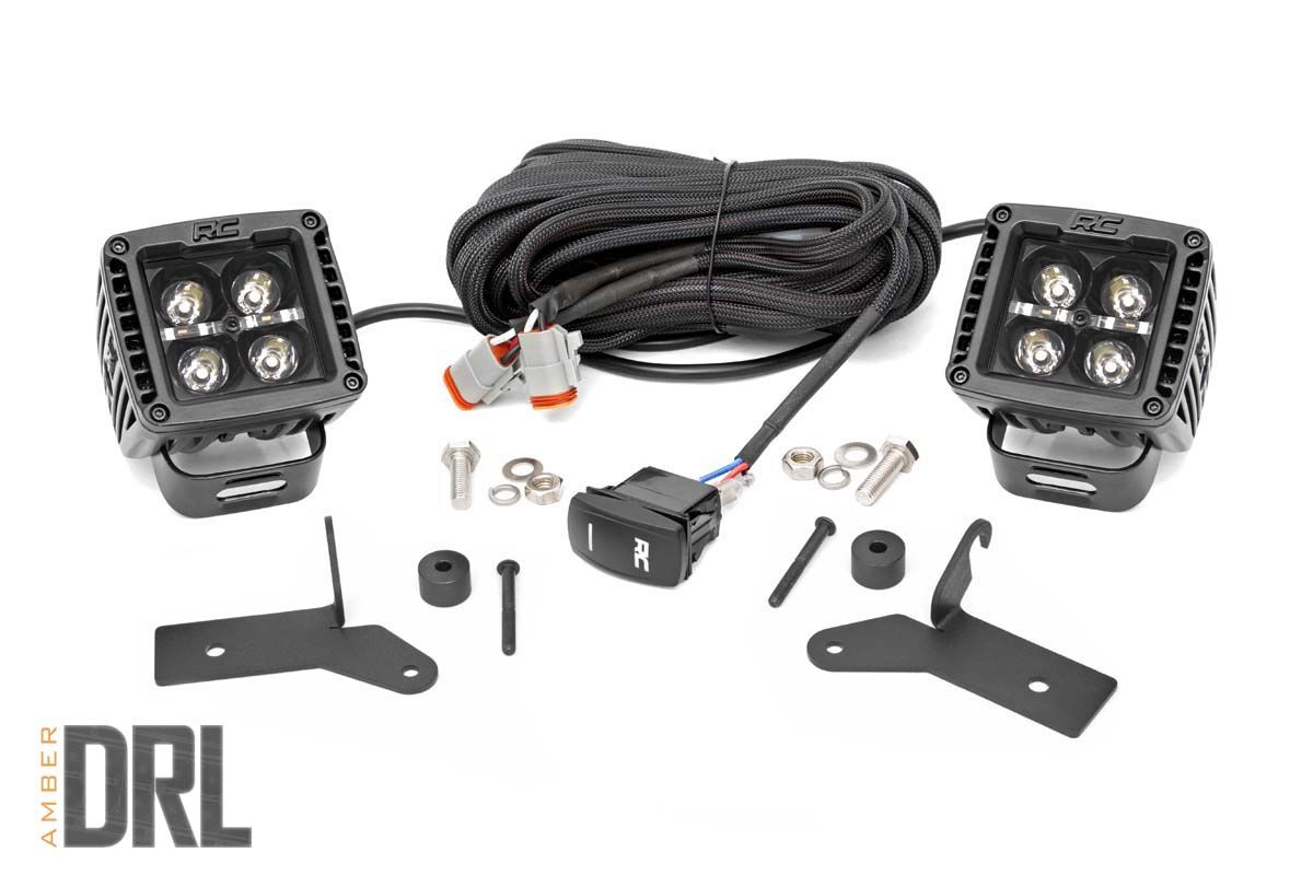 Rough Country LED Light Kit | Hinge Mount | 2" Black Pair | Amber DRL | Jeep Gladiator JT/Wrangler JL (18-26)