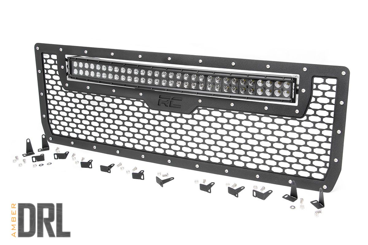 Rough Country Mesh Grille | 30" Dual Row LED | Black | Amber DRL | GMC Sierra 1500 (14-15)