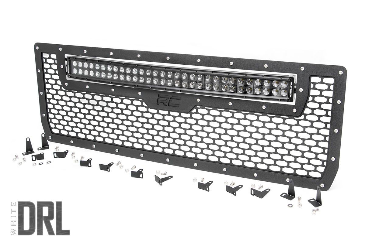 Rough Country Mesh Grille | 30" Dual Row LED | Black | White DRL | GMC Sierra 1500 (14-15)