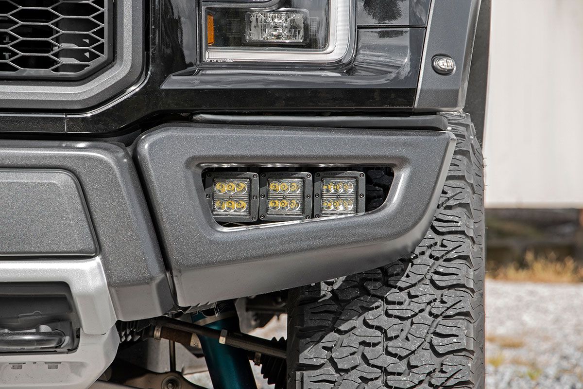 Rough Country LED Light Kit | Fog Mount | Triple 2" Black Pair | Amber DRL | Ford Raptor (17-20)