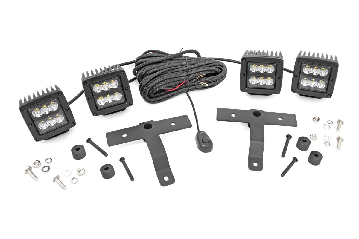 Rough Country Quad LED Light Kit | Cowl Mount | 2" Black Pairs | Spot | Jeep Gladiator JT/Wrangler JL (18-26)
