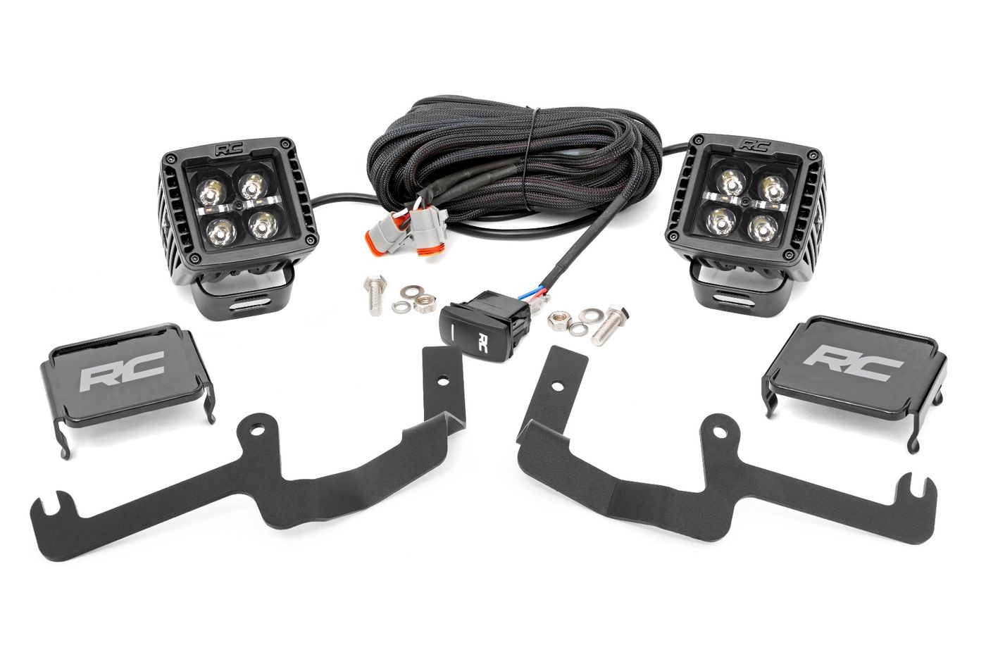 Rough Country LED Light Kit | Ditch Mount | 2" Black Pair | Amber DRL | Chevy Silverado 1500 (19-26)