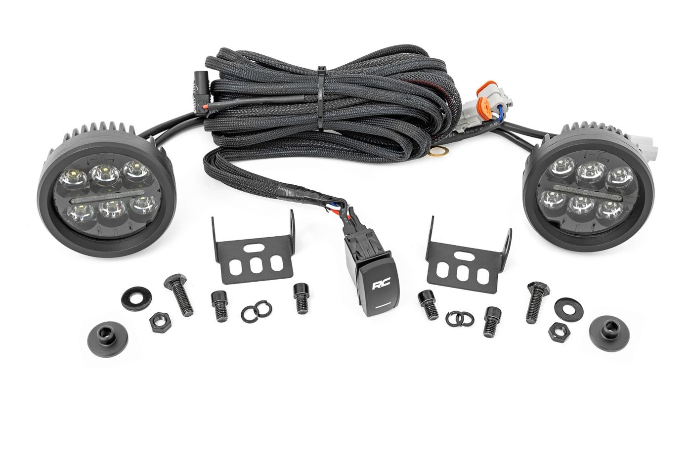 Rough Country LED Light Kit | Ditch Mount | 3.5" Black Round Pair | Amber DRL | Ford Bronco (21-26)
